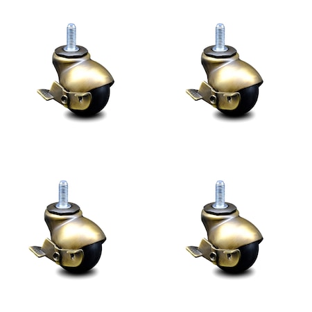 Service Caster 2 Inch Antique Brass Hooded 3/8 Inch Threaded Stem Ball Casters with Brake, 4PK SCC-TS01S20-POS-WA-SLB-38-4